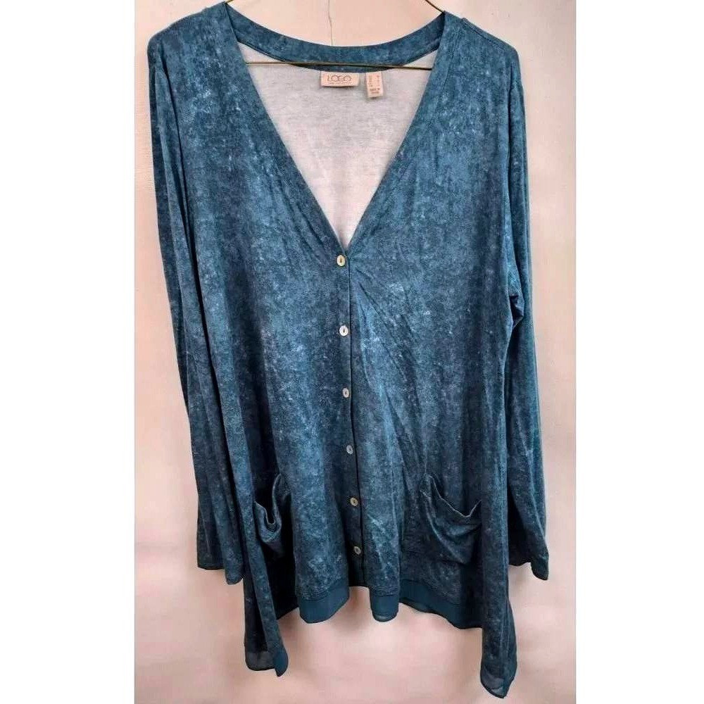 LOGO Lori Goldstein Cardigan Womens M Blue Acid Wash Button Front Sharkbite Boho